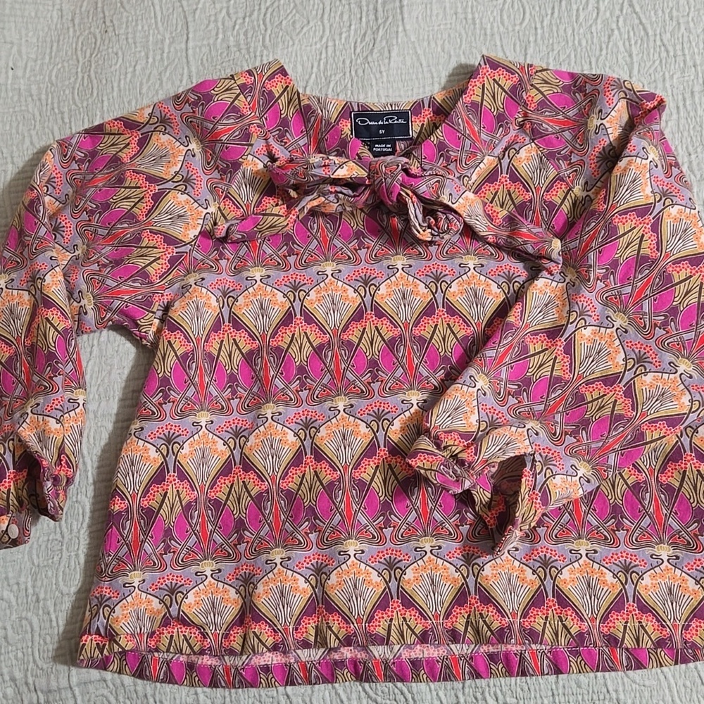 Oscar de la Renta Girls Purple and Orange Patterned Cotton Blouse Size 5Y NWOT